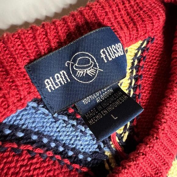 Vintage Alan Flusser Sweater Men’s L Red Knit Pullover 90s Geometric Argyle Patt - Picture 4 of 5